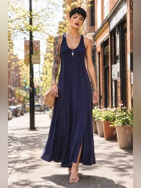 Maeve Anthropologie Maxi Tank Dress Lace Up Back Navy Racerback Swing Festival S